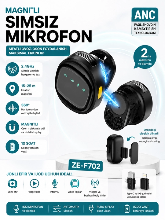 Simsiz petlichka mikrofon telefon uchun Type-C / Lightning, kontent va intervyu uchun zeqi