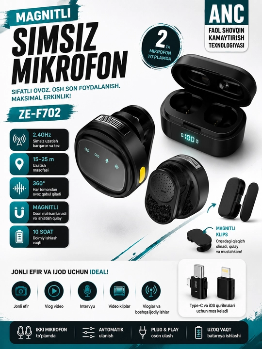 Simsiz petlichka mikrofon telefon uchun Type-C / Lightning, kontent va intervyu uchun zeqi