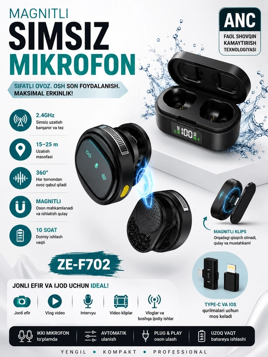 Simsiz petlichka mikrofon telefon uchun Type-C / Lightning, kontent va intervyu uchun zeqi