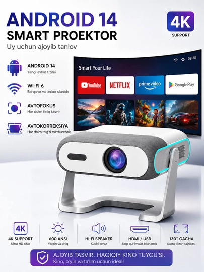 Умный смарт-проектор Android 14, Wi-Fi 6, 4K Support, с автофокусом и автокоррекцией - 
