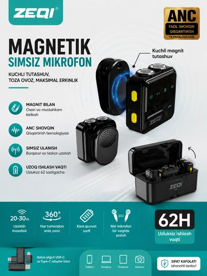 Simsiz petlichka mikrofon telefon uchun Type-C / Lightning, kontent va intervyu uchun zeqi - 
