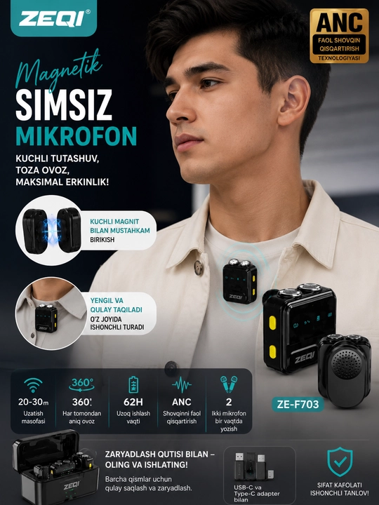 Simsiz petlichka mikrofon telefon uchun Type-C / Lightning, kontent va intervyu uchun zeqi