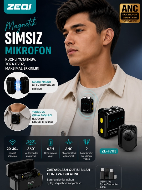 Simsiz petlichka mikrofon telefon uchun Type-C / Lightning, kontent va intervyu uchun zeqi