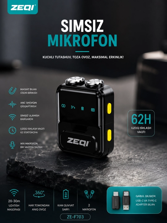 Simsiz petlichka mikrofon telefon uchun Type-C / Lightning, kontent va intervyu uchun zeqi