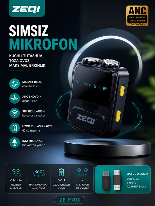Simsiz petlichka mikrofon telefon uchun Type-C / Lightning, kontent va intervyu uchun zeqi