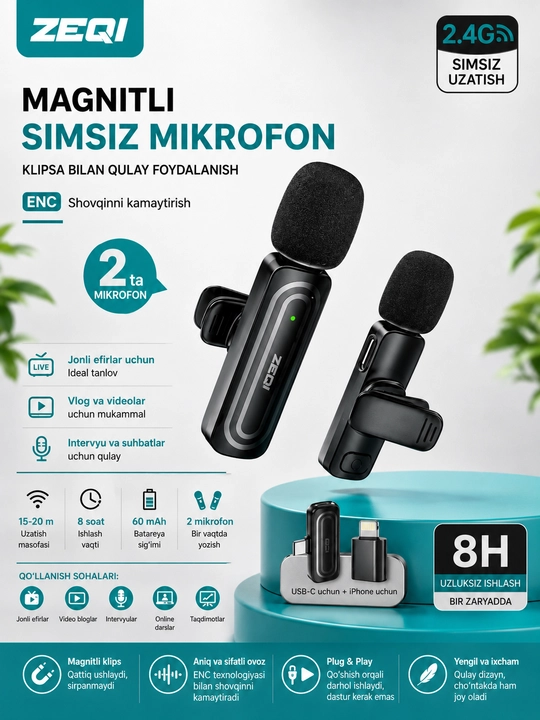 Simsiz petlichka mikrofon telefon uchun Type-C / Lightning, kontent va intervyu uchun zeqi - 