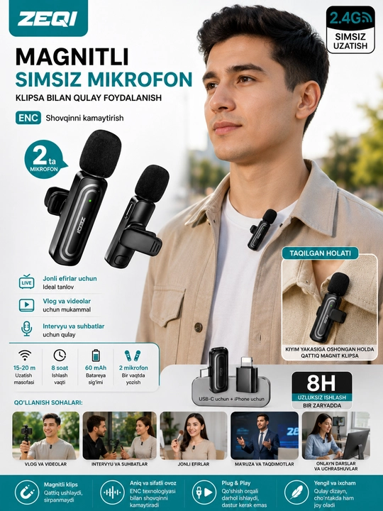 Simsiz petlichka mikrofon telefon uchun Type-C / Lightning, kontent va intervyu uchun zeqi