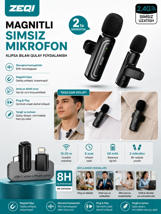Simsiz petlichka mikrofon telefon uchun Type-C / Lightning, kontent va intervyu uchun zeqi