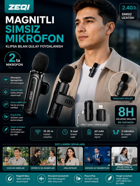 Simsiz petlichka mikrofon telefon uchun Type-C / Lightning, kontent va intervyu uchun zeqi