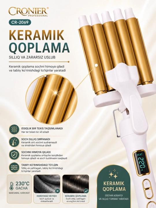 CRONIER CR-2069 5 Silindrli Soch To'lqinlagich, Keramik Qoplama, LCD, 230°C