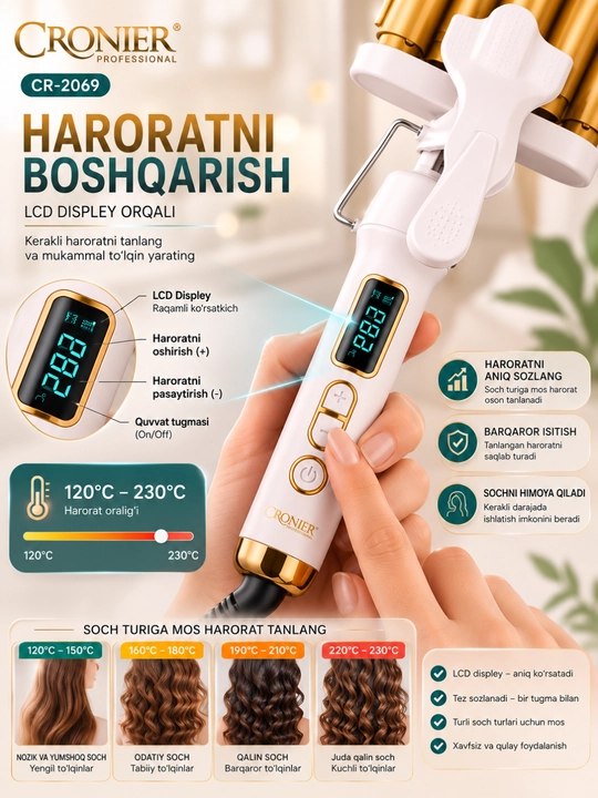CRONIER CR-2069 5 Silindrli Soch To'lqinlagich, Keramik Qoplama, LCD, 230°C