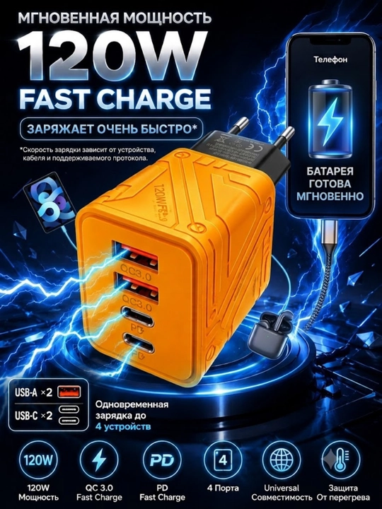 120W Tezkor Zaryadlovchi Adapter, Kallak, Blok Pitaniya, USB-C PD, QC3.0, EU Plug - 