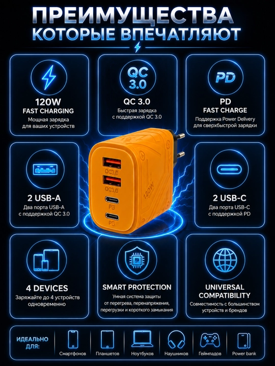 120W Tezkor Zaryadlovchi Adapter, Kallak, Blok Pitaniya, USB-C PD, QC3.0, EU Plug