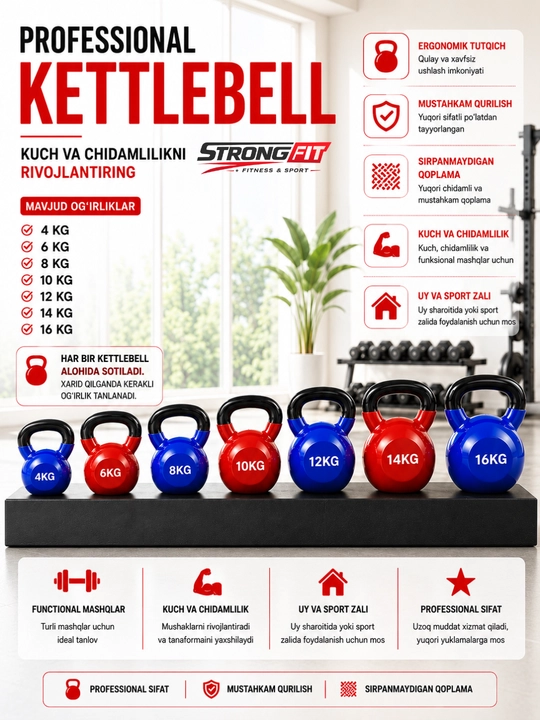Sport giryasi (Kettlebell), 4–16 kg, kuch mashqlari uchun, 1 dona