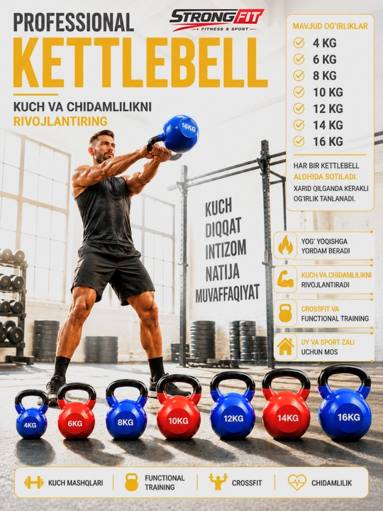 Sport giryasi (Kettlebell), 4–16 kg, kuch mashqlari uchun, 1 dona