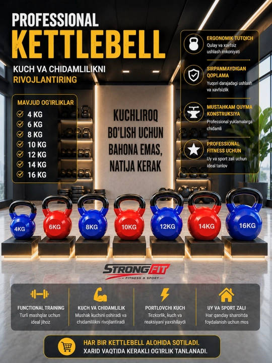 Sport giryasi (Kettlebell), 4–16 kg, kuch mashqlari uchun, 1 dona - 