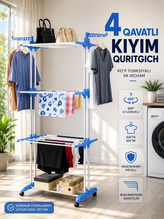 Kir quritgich, 4 qavatli, polda joylashgan kiyim quritgich - 