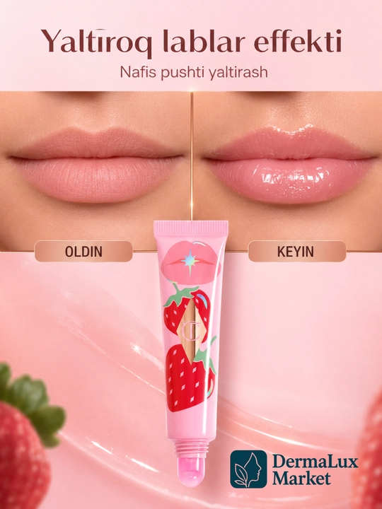 Charlotte Tilbury Unreal Lips, Juicylicious Strawberry Vanilla lab uchun yaltiroq moyi