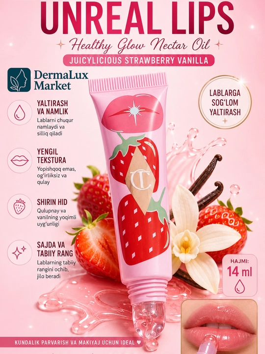 Charlotte Tilbury Unreal Lips, Juicylicious Strawberry Vanilla lab uchun yaltiroq moyi