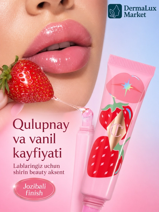 Charlotte Tilbury Unreal Lips, Juicylicious Strawberry Vanilla lab uchun yaltiroq moyi