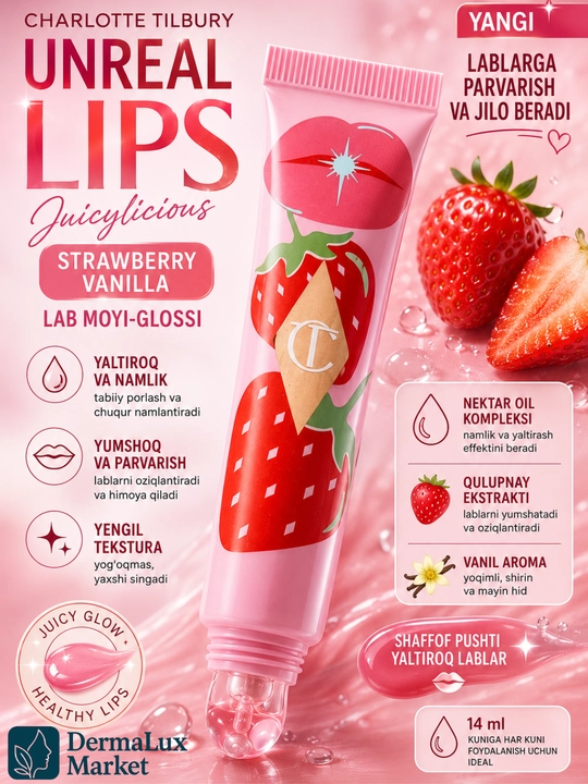 Charlotte Tilbury Unreal Lips, Juicylicious Strawberry Vanilla lab uchun yaltiroq moyi - 