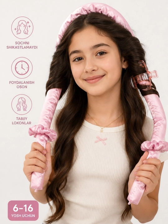 Soch uchun lokon beruvchi lenta (heatless curler), qizlar uchun bukuvchi bant 6-16 yosh - 