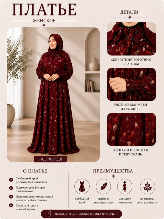 Ayollar musulmoncha uzun ko'ylak, bordo, gulli, erkin fason maxi libos