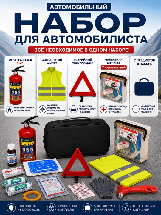 Avtomobil favqulodda vaziyatlar uchun to'plam: aptechka 7 ta buyum),OP-2 kg ogneyushitel - 