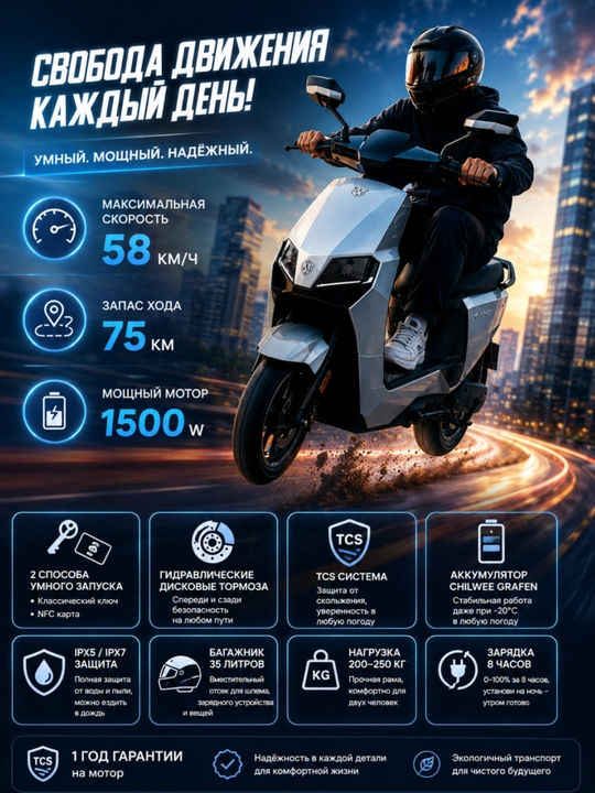 Электроскутер 1500 Вт, запас хода до 75 км, колёса 16 дюймов - 