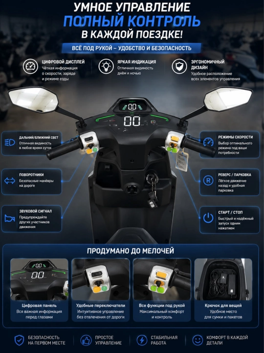 Электроскутер 1500 Вт, запас хода до 75 км, колёса 16 дюймов
