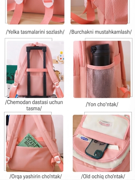 Keng ryukzak, maktab to‘plami, 5 tasi 1 da: ryukzak, qalamdon, kosmetika qutisi, sumka