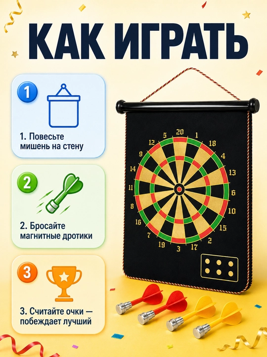 Stol o‘yini magnitli darts 17 dyuymli nishon, ikki tomonlama, xavfsiz 3+