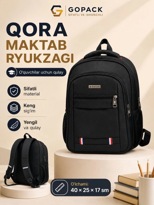 Qora premium maktab ryukzagi, suv o'tkazmaydigan material, yengil va mustahkam dizayn