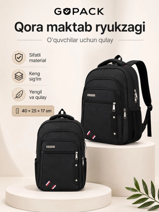 Qora premium maktab ryukzagi, suv o'tkazmaydigan material, yengil va mustahkam dizayn