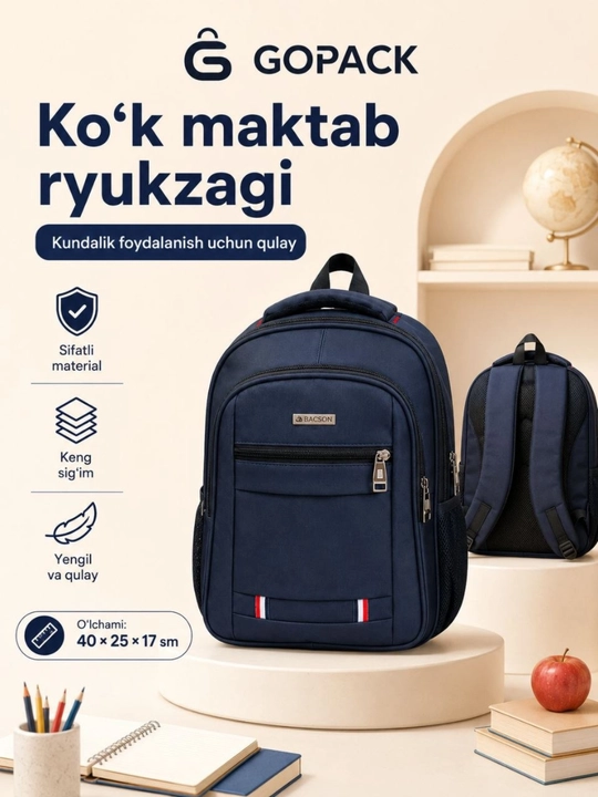 Qora premium maktab ryukzagi, suv o'tkazmaydigan material, yengil va mustahkam dizayn