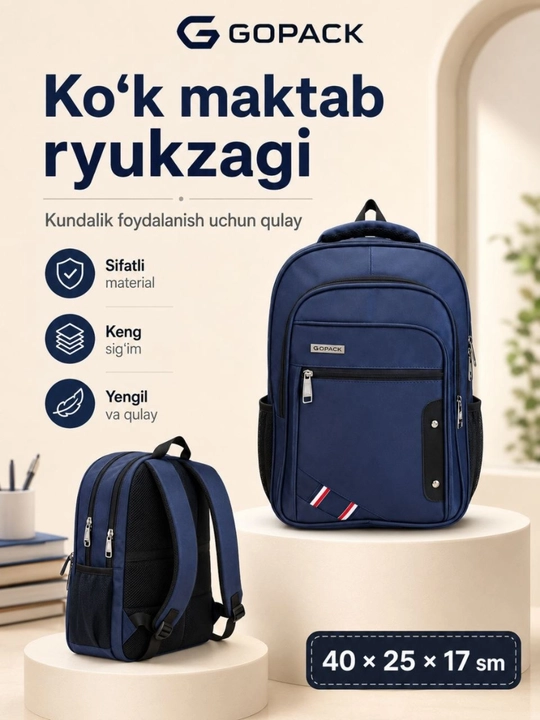 Qora premium maktab ryukzagi, suv o'tkazmaydigan material, yengil va mustahkam dizayn
