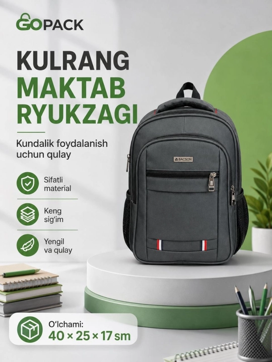 Qora premium maktab ryukzagi, suv o'tkazmaydigan material, yengil va mustahkam dizayn