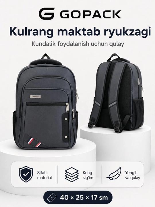 Qora premium maktab ryukzagi, suv o'tkazmaydigan material, yengil va mustahkam dizayn