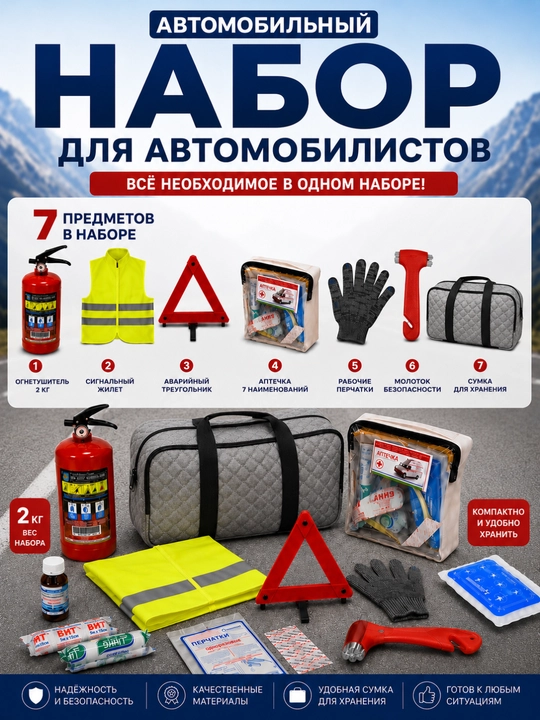 Avtomobil favqulodda vaziyatlar uchun to'plam: aptechka 7 ta buyum),OP-2 kg ogneyushitel - 