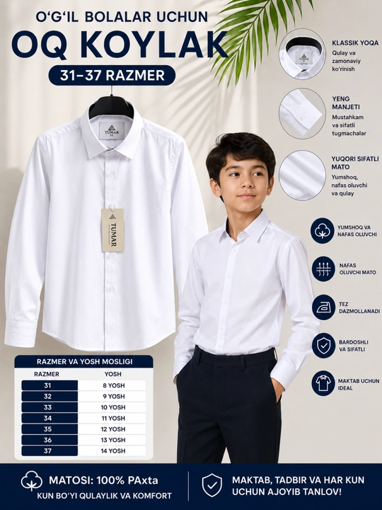 6-10-sinflar uchun oq bolalar maktab ko‘ylagi