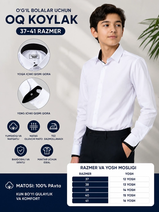 6-10-sinflar uchun oq bolalar maktab ko‘ylagi