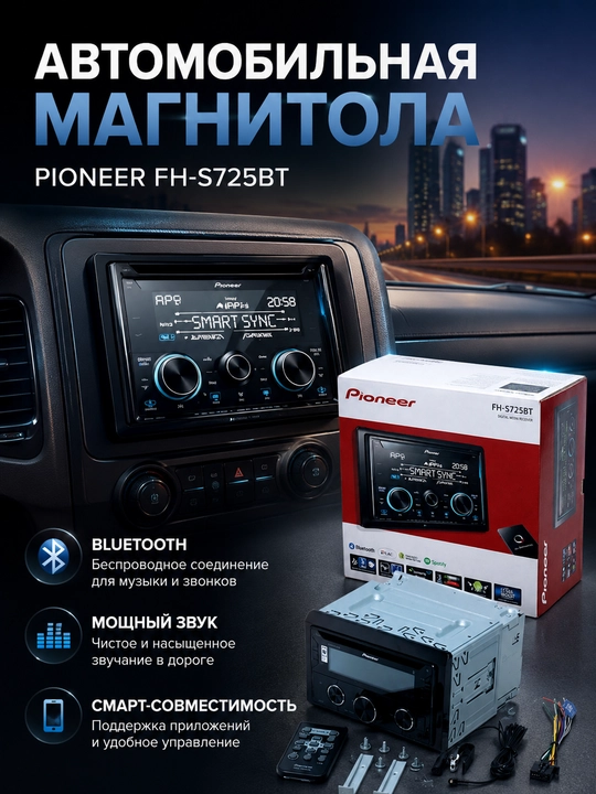 Автомагнитола Pioneer FH-S725BT, 2DIN магнитола для автомобиля, Bluetooth AUX USB CD - 