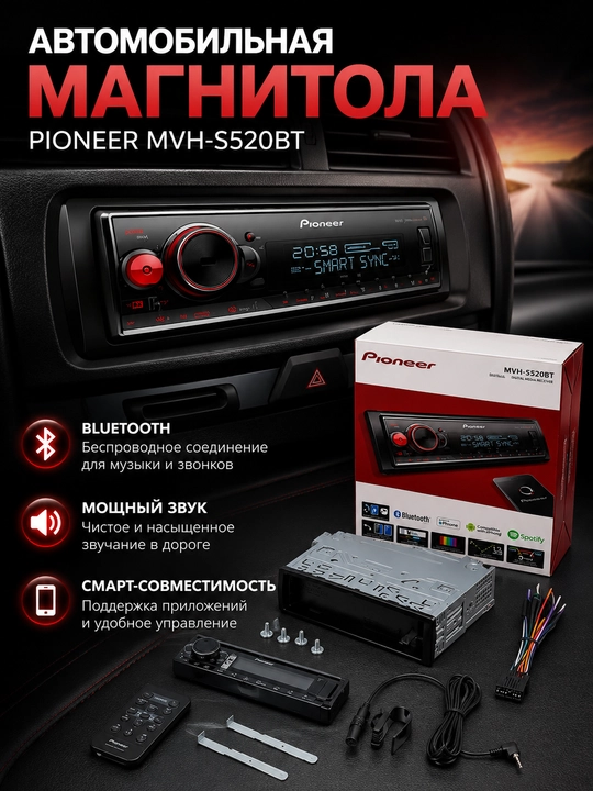 Avtomagnitola Pioneer MVH-S520BT Bluetooth, USB, AUX, 1-DIN, qora - 