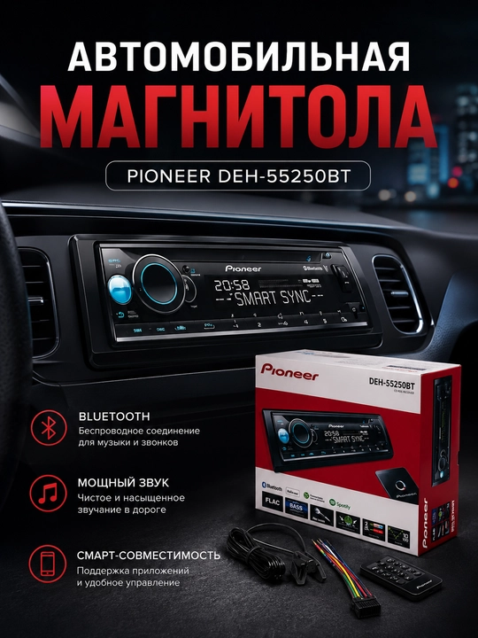 Avtomagnitola, Pioneer DEH-S5250BT magnitolasi, 1-DIN, qora, Bluetooth, USB, AUX - 