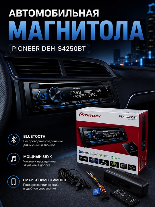 Avtomagnitola PIONEER DEH-S4250BT Bluetooth AUX USB CD 1DIN qora avtomobil uchun - 