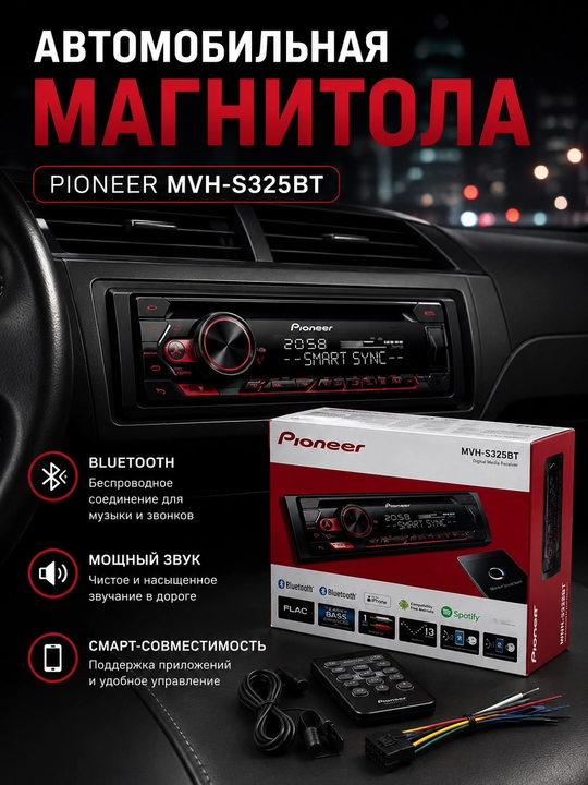 Avtomagnitola, Pioneer MVH-S325BT Bluetooth magnitofoni, 1DIN, 4x50W - 