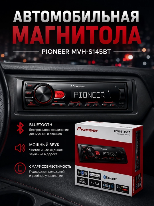 Avtomobil magnitolasi Pioneer MVH-S145BT, Bluetooth, USB, MP3 media resiver - 