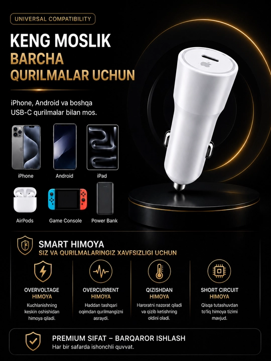 Avtomobil uchun USB zaryadlovchi — iPhone / Samsung