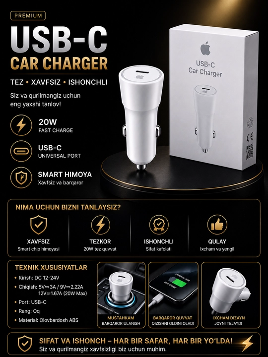 Avtomobil uchun USB zaryadlovchi — iPhone / Samsung