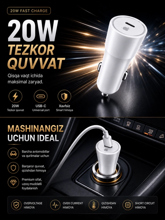 Avtomobil uchun USB zaryadlovchi — iPhone / Samsung